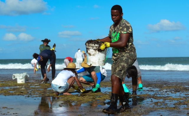 Brazil environment: Clean-up on beaches affected by oil spill - BBC News