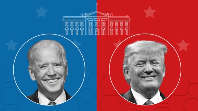 Photos of Joe Biden and Donald Trump under a White House drawing