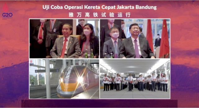 11月16日印尼巴厘岛G20峰会后，中国与印尼双边会谈前，习近平和佐科共同视频观摩雅万高铁试验运行。(photo:BBC)