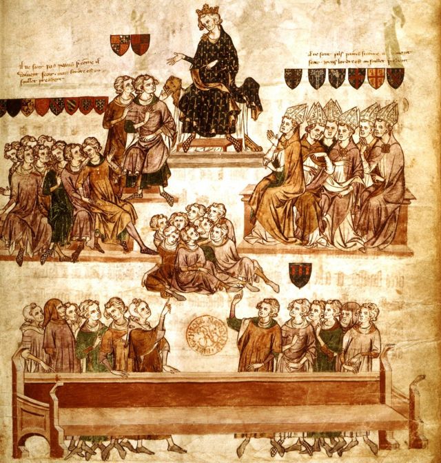 Filipe 4º, o Belo, presidindo uma sessão do Parlamento (das atas do julgamento de Robert d'Artois em 1330) na França