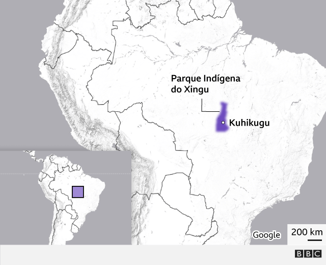 Mapa localizando o Parque Indígena do Xingu e o sítio arqueológico de Kuhikugu