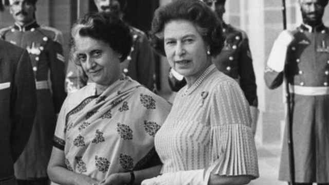Queen Elizabeth II meets Indira Gandhi (1917 - 1984), the Prime Minister of India, at Hyderabad House in Delhi, India, 17th November 1983.