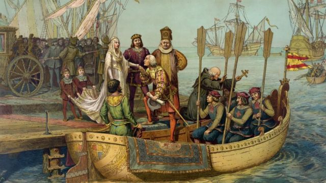 Cristóbal Colón (c1451-1506) despidiéndose de Isabel de Castilla y Fernando II de Aragón antes de emprender su primer viaje.