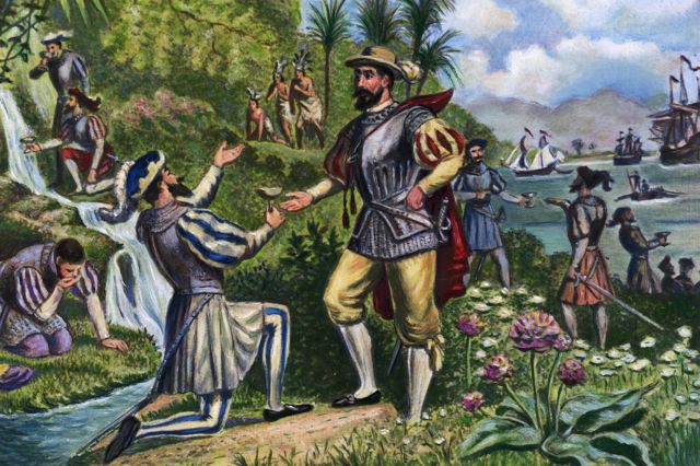 Una ilustración de Ponce de León encontrando la mítica fuente de la eterna juventud