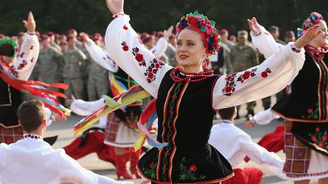 Ukrainian folk dancer wearing traditional Ukrainian dress