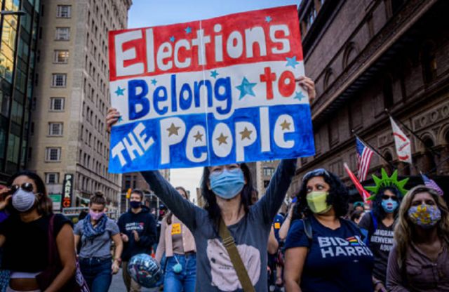 Thousands of New Yorkers joined members of the Protect the Results, taking the streets of Manhattan to celebrate the Biden-Harris ticket victory after winning the majority of the Electoral College votes