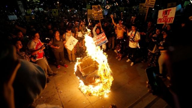 A Trump effigy is incinerated in Los Angeles