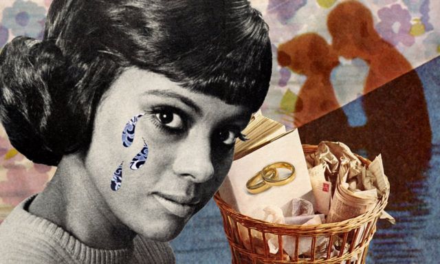 A collage of a woman crying (the tears are stylised in printed blue), a bin with a book of wedding rings and and image of a couple kissing behind her.