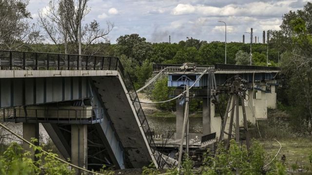 A downed bridge between the city of Lysychansk with the city of Severodonetsk in the eastern Ukranian region of Donbas