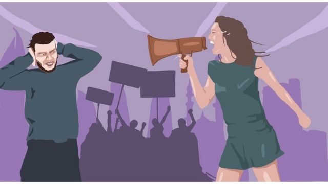 Рисунок - на переднем плане женщина кричит в мегафон на мужчину. На среднем плане силуэты митингующих. На заднем плане силуэт Баку - столицы Азербайджана.