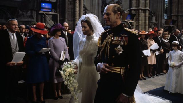 Prince Philip giving his daughter away at her wedding to Mark Phillips in 1973