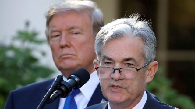 US President Donald Trump looks on as Jerome Powell, his nominee to become chairman of the US Federal Reserve, speaks at the White House on 2 November 2017