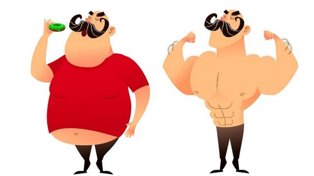Ilustración de hombre gordo y después musculoso.