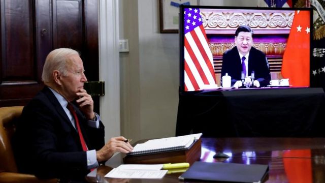 United States President Joe Biden has a virtual conversation with Chinese President Xi Jinping at the White House in Washington, USA on November 15, 2021.