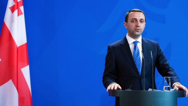 Georgian Prime Minister Irakli Garibashvili giving a press conference at the Berlin Chancellery.