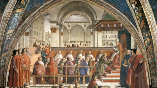 Obra de Domenico Ghirlandaio, feita no século 15, retrata o que seria a confirmação da ordem franciscana junto ao Vaticano