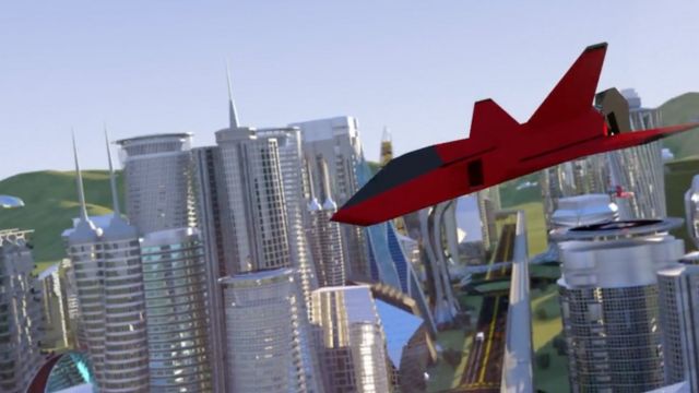 Una nave espacial virtual sobre una ciudad ficticia