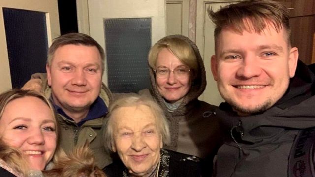 R to L - Dmytro with his mother, grandmother, neighbour and sister