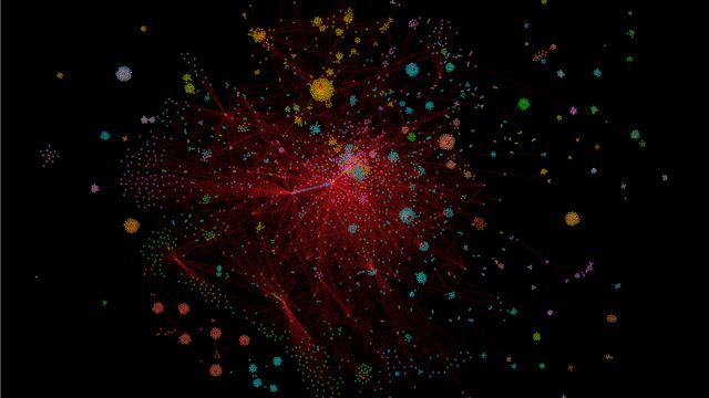 Um gráfico que mostra os diferentes nós em uma rede com cores diferentes que representam as conexões. Um cluster central mostra muitas linhas vermelhas reunidas ao redor do meio