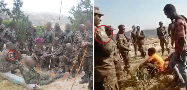 Badges in the colour of the Ethiopian flag seen on the armed men in the footage (right) matches those worn by ENDF soldiers (left). The camouflage patterns are also a match