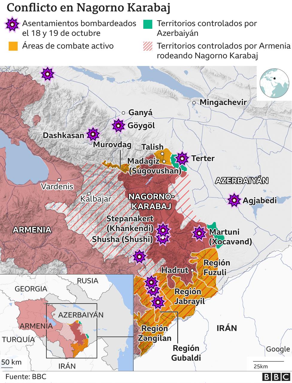 Mapa de la zona de conflicto en Nagorno Karabaj