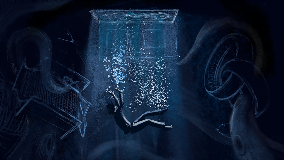 Une illustration d'une personne plongeant dans un bassin dystopique
