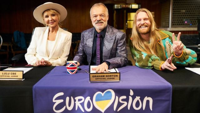Lulu, Norton and former British contestant Sam Ryder finally joined a mock Eurovision judging panel for a charity. "Comic relief"
