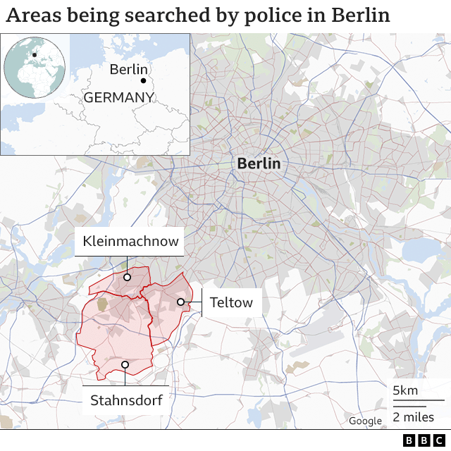 Карта, показывающая районы Кляйнмахнов, Штансдорф и Тельтов на окраине Берлина, Германия