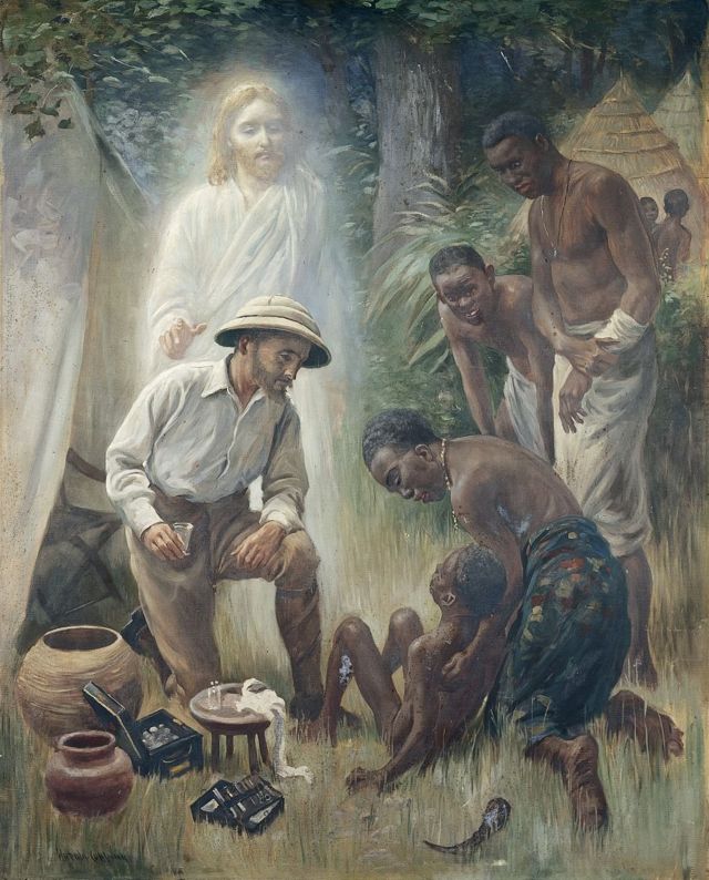 Картина, на которой белый врач стоит на одном колене перед больным африканским ребенком, которого поддерживает мать. За спиной врача - Иисус Христос