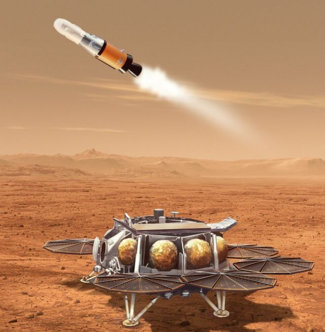 艺术构想图：从杰泽罗火山口发射回地球的火箭带回火星样本(photo:BBC)