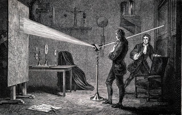 Ilustración de Isaac Newton haciendo un experimento
