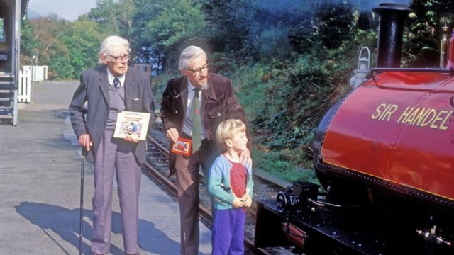 The Rev. W Awdry, his son Christopher and grandson Richard with Loco No. 3 'Sir Handel' in September 1985 at Talyllyn Railway
