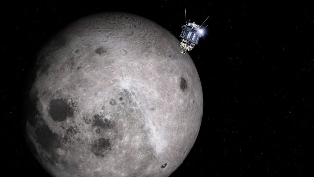 Illustration showing the Soviet probe Luna 3 orbiting the Moon