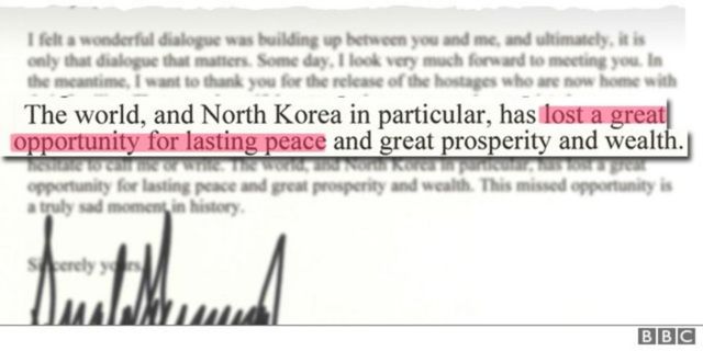 트럼프는 북한은 기회를 놓쳤으며, 북미 정상회담 논의는 "역사에 슬픈 순간"으로 기억될 것이라고 말했다