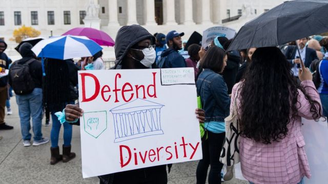 Protesters gather in front of the US Supreme Court as affirmative action cases involving Harvard and University of North Carolina admissions are heard