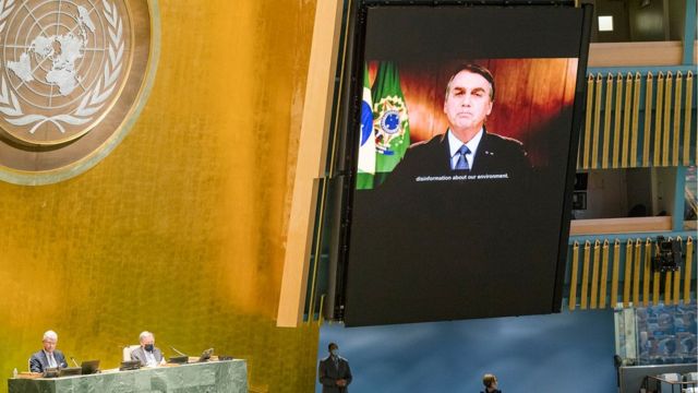 Bolsonaro falando na ONU