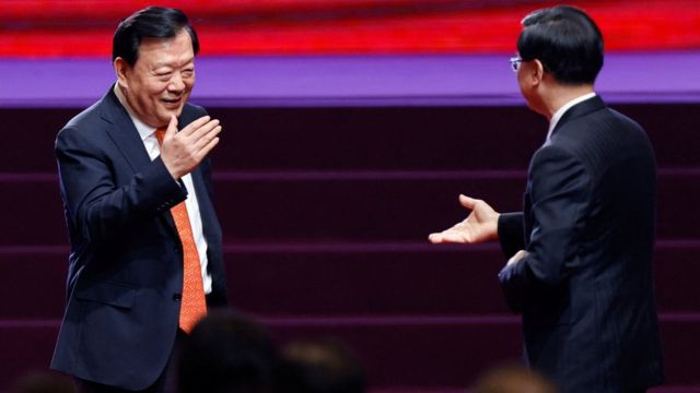 Xia Baolong, director of the Hong Kong and Macau Affairs Office (HKMAO), meets Hong Kong Chief Executive John Lee during the national security education day opening ceremony cum seminar in Hong Kong, China, April 15, 2023.