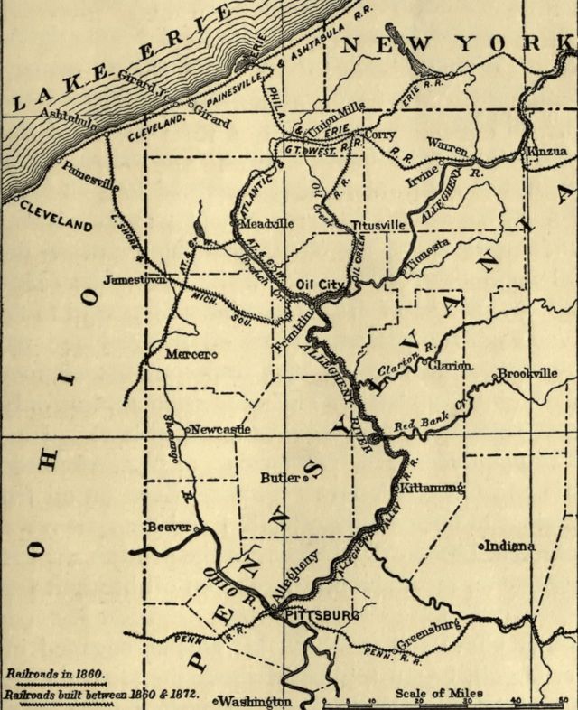 Mapa del noroeste de Pensilvania, que muestra la región petrolera con los ferrocarriles en 1859, cuando se 'descubrió' petróleo, y las líneas construidas entre 1860 y 1872.
