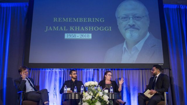 People attend a memorial for Jamal Khashoggi in Washington, 2 November