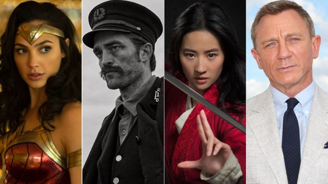 Gal Gadot como a Mulher Maravilha, Robert Pattinson no filme The Lighthouse, Yifei Liu como Mulan e Daniel Craig
