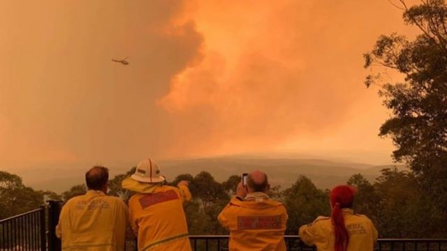 Volunteer firefighters watch a blaze in Sydney's south-west
