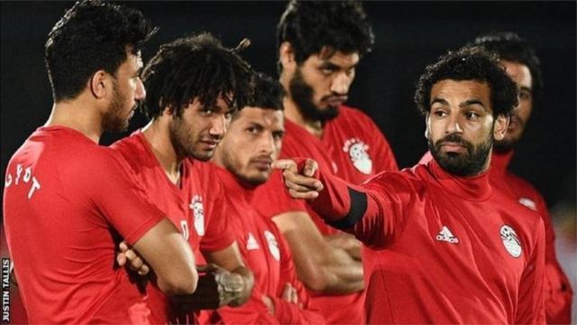 Des joueurs de la sélection égyptienne lors d'un entraînement en préparation du match contre l'Ouganda.