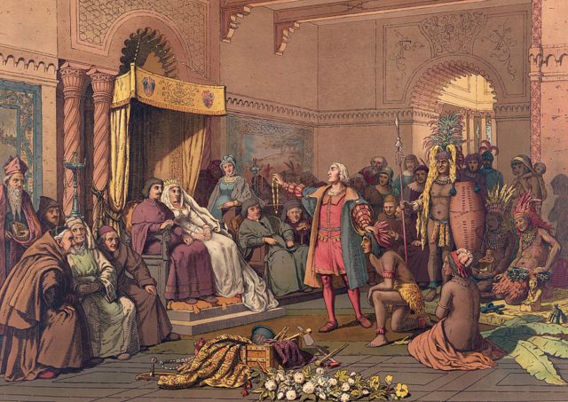 Colón es recibido por los Reyes Católicos a su regreso del primer viaje a Las Indias.