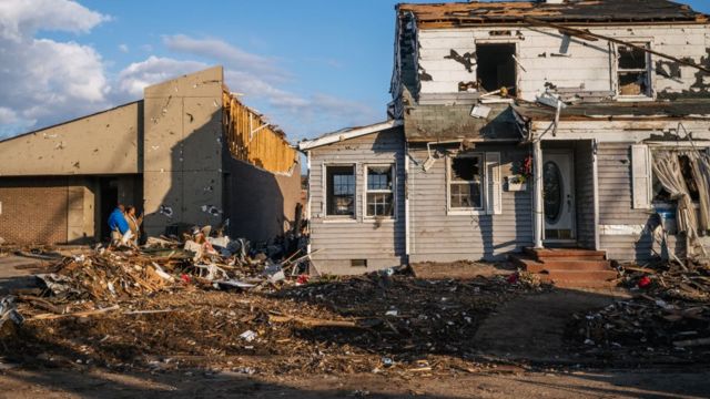 A house destroyed in Kentucky after a swarm of tornadoes occurred over the weekend.