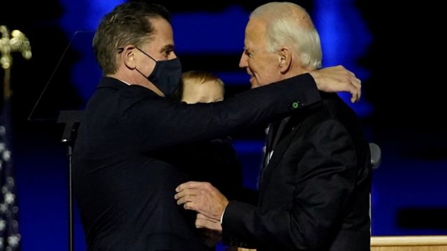 Hunter Biden (left) and Joe Biden (right) embrace each other during a post-election celebratory event in Wilmington, Delaware. Photo: 7 November 2020
