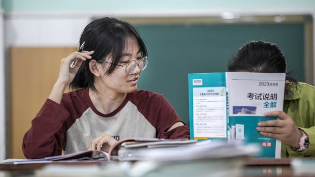 Senior three students study in the classroom to prepare for the upcoming 2023 National College Entrance Exam (aka Gaokao) on June 5, 2023 in Jiaozuo, Henan Province of China