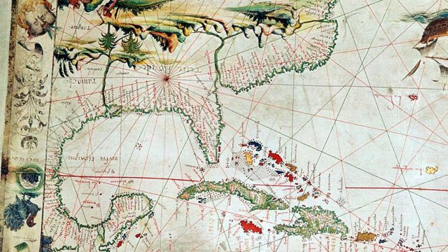 Detalhe de um mapa francês de 1550 que mostra a Flórida, Cuba e a península do yucatan, no México