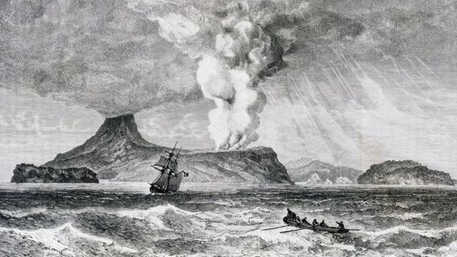 Ilustrasi abad 19 akan letusan Gunung Api Perbuatan di Pulau Krakatau, Agustus 1883.