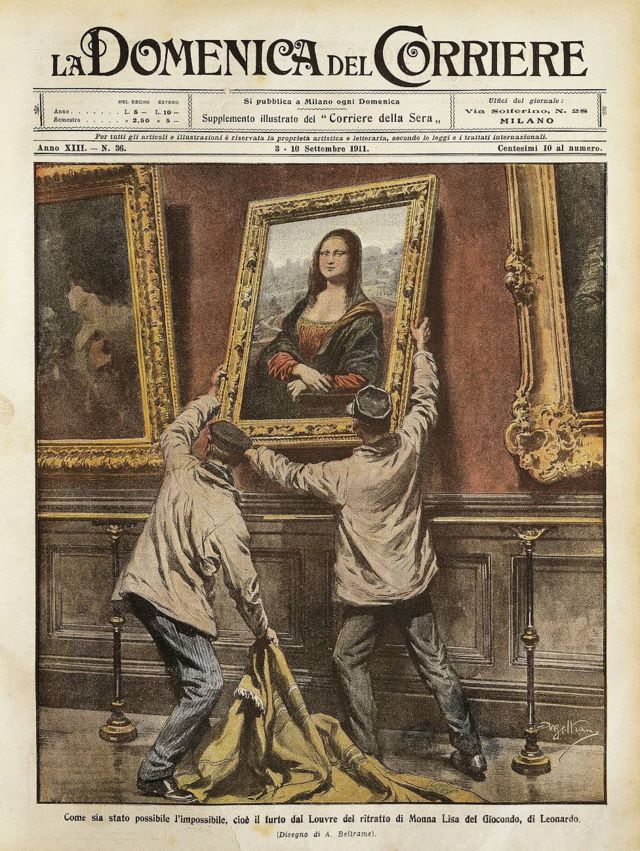 Theft of the Mona Lisa.  Illustrator Achille Beltrame (1871-1945), by La Domenica del Corriere, September 3-10, 1911.