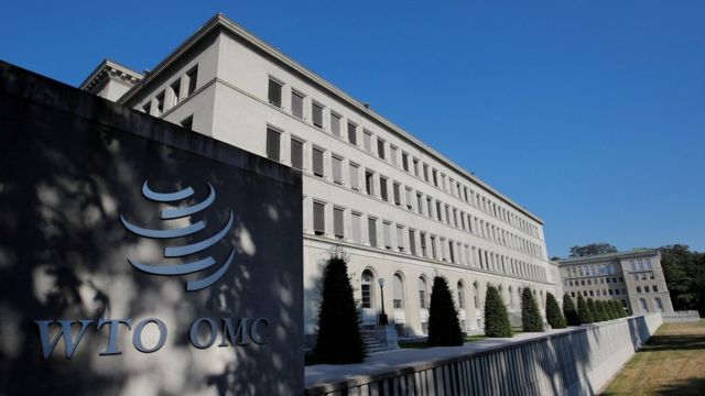 A OMC (Organização Mundial de Comércio, ou World Trade Organization, em inglês) em Genebra, Suíça